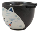 Ebros Whimsical Ceramic Black Lucky Meow Cat Ramen Noodle Bowl & Chopsticks Set