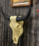 Tribal Floral Vines Tooled Bison Bull Cow Skull With Horns Wall Decor Plaque