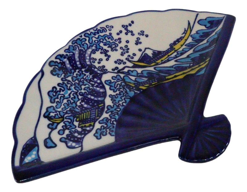 Set Of 4 Japan Hokusai The Great Wave Oriental Fan Shaped Appetizer Sushi Plates