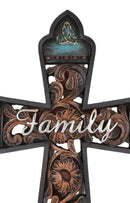 Western Family Tooled Tuscan Fleur De Lis Floral Scrollwork Horseshoe Wall Cross
