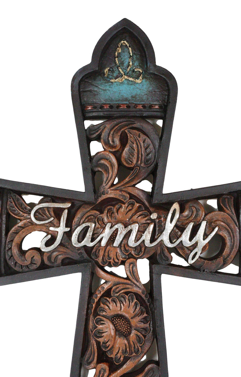 Western Family Tooled Tuscan Fleur De Lis Floral Scrollwork Horseshoe Wall Cross