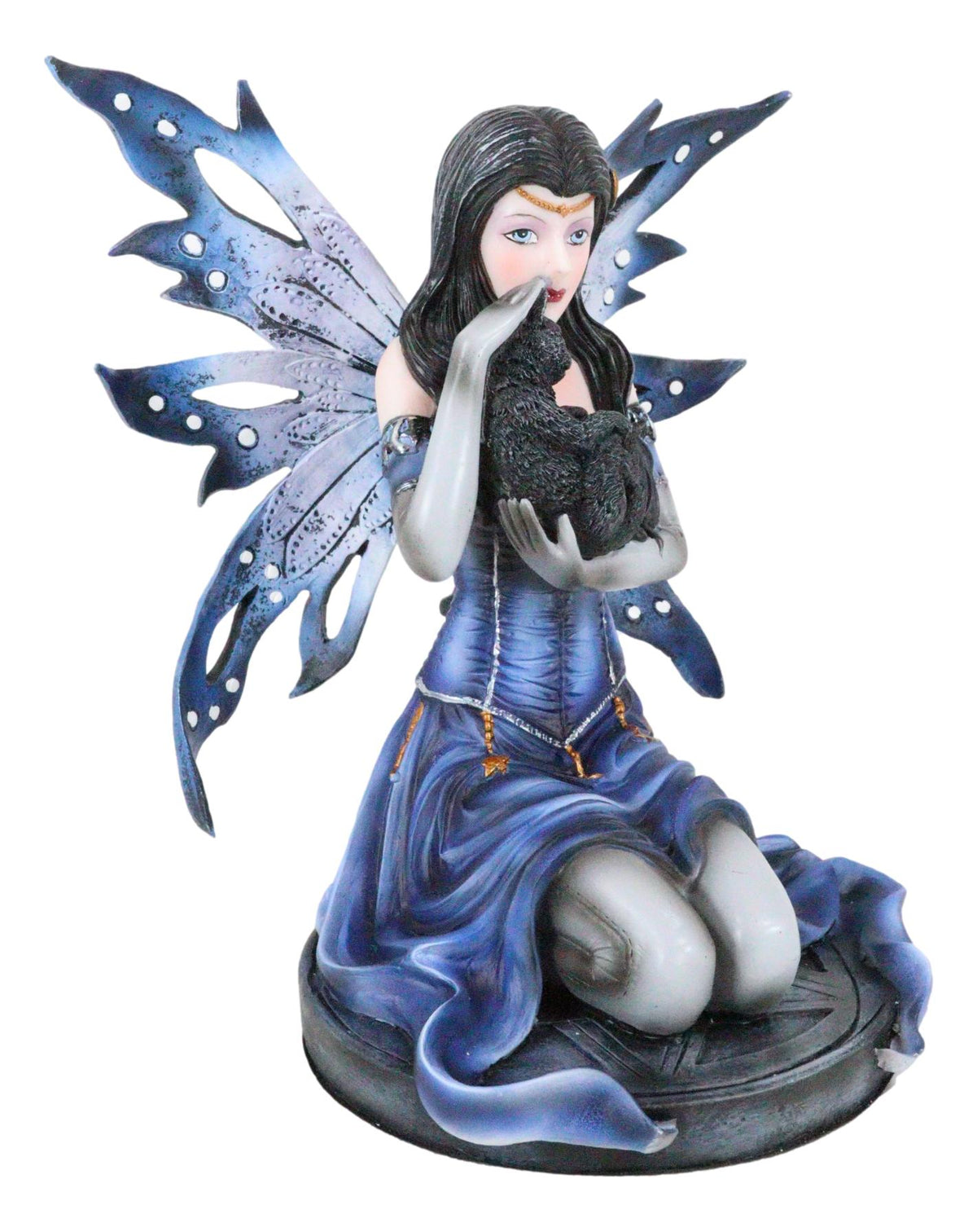 Ebros Blue Celestial Witch Fairy Cradling A Mystical Black Cat Statue 8.25" Tall
