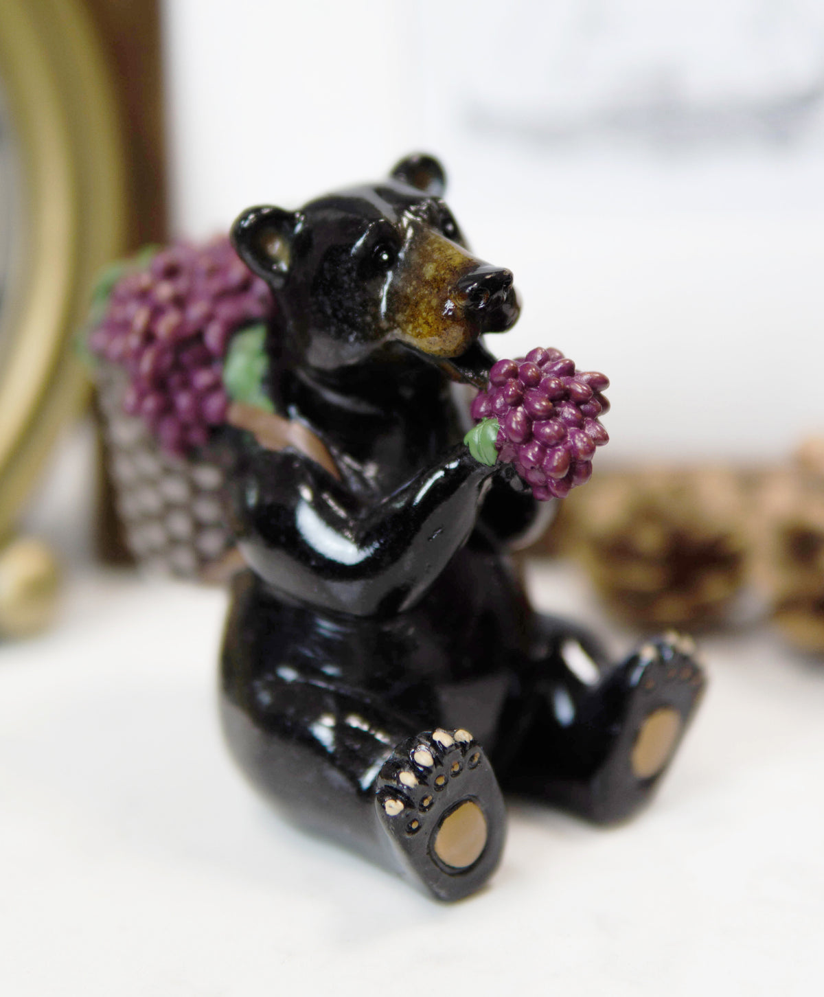 Western Rustic Berry Picking Black Bear With Fruit Harvest Bag Figurine Bears