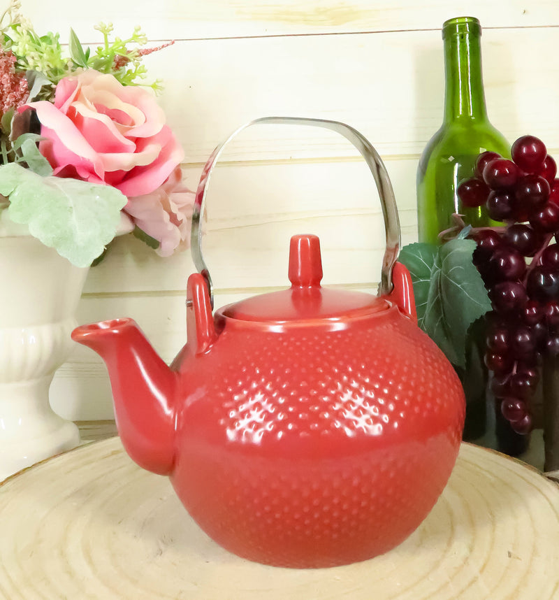 Ebros Gift Imperial Spotted Texture Teapot With Stainless Steel Handle 28oz (Red)