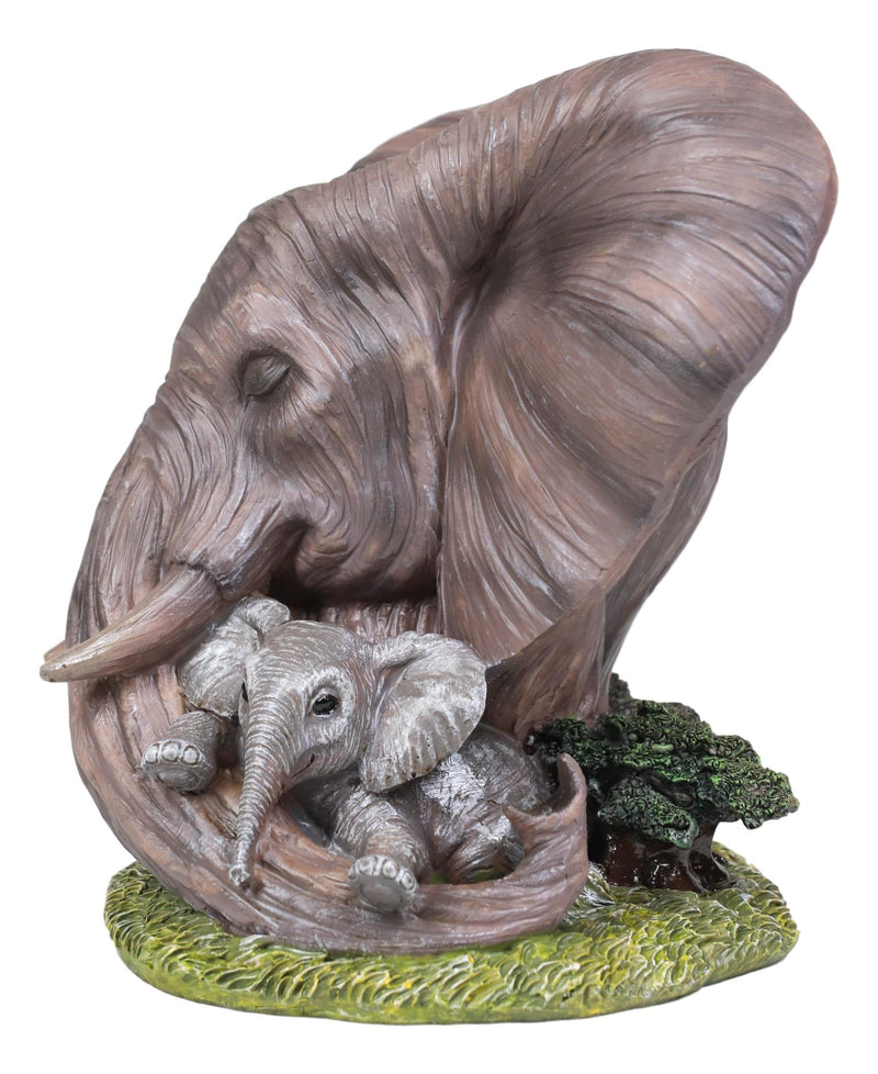 Noble Guardian Safari Elephant Protecting Calf by Green Grasslands Statue 12" H
