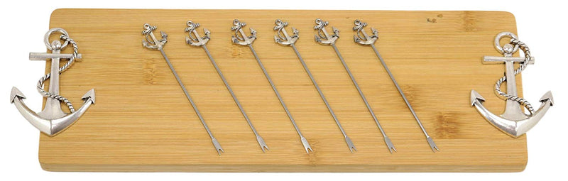 Nautical Anchors Bamboo Cheese Board 16"by5" & 6 Stainless Steel Picks Gift Set