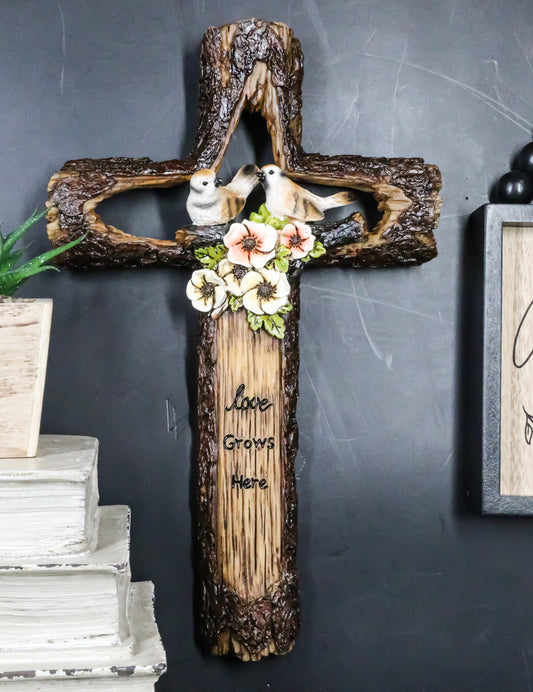 Rustic Love Grows Here Birds On Branch Flowers Faux Wooden Tree Bark Wall Cross