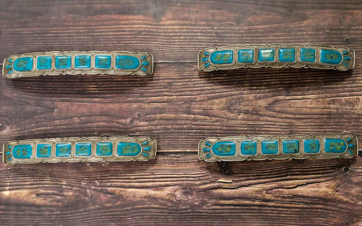 Set Of 4 Rustic Western Silver Turquoise Boho Drawer Cabinet Door Bar Pulls - Ebros Gift