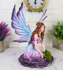 Large Whimsical Purple Rose Fairy With Large Leaf Kneeling On Flower Figurine