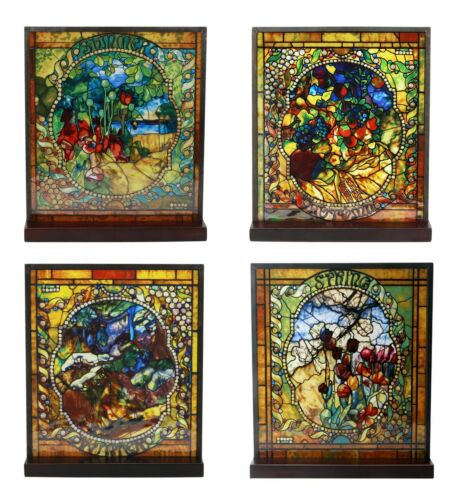 Louis Comfort Tiffany Four Seasons Set Mosaic Stained Glass Art With Base Decor