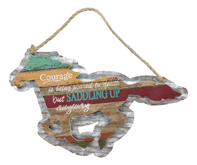 Ebros 17" Wide Rustic Western 'Courage is Being Scared to Death But Saddling Up Anyway' Hand Painted Wooden Sign Shaped As A Running Horse Hanging Wall Mounted Decor Plaque Country Horses 3D Art - Ebros Gift