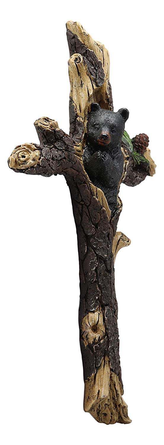 Ebros Gift 14.25" H Rustic Black Bear Cub Sleeping On Pine Tree Wall Cross Decor - Ebros Gift