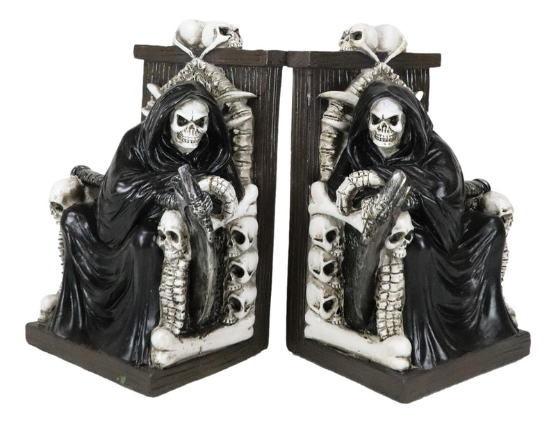 Gothic Grim Reaper Sitting On Skulls And Skeleton Bones Thrones Bookends Statue