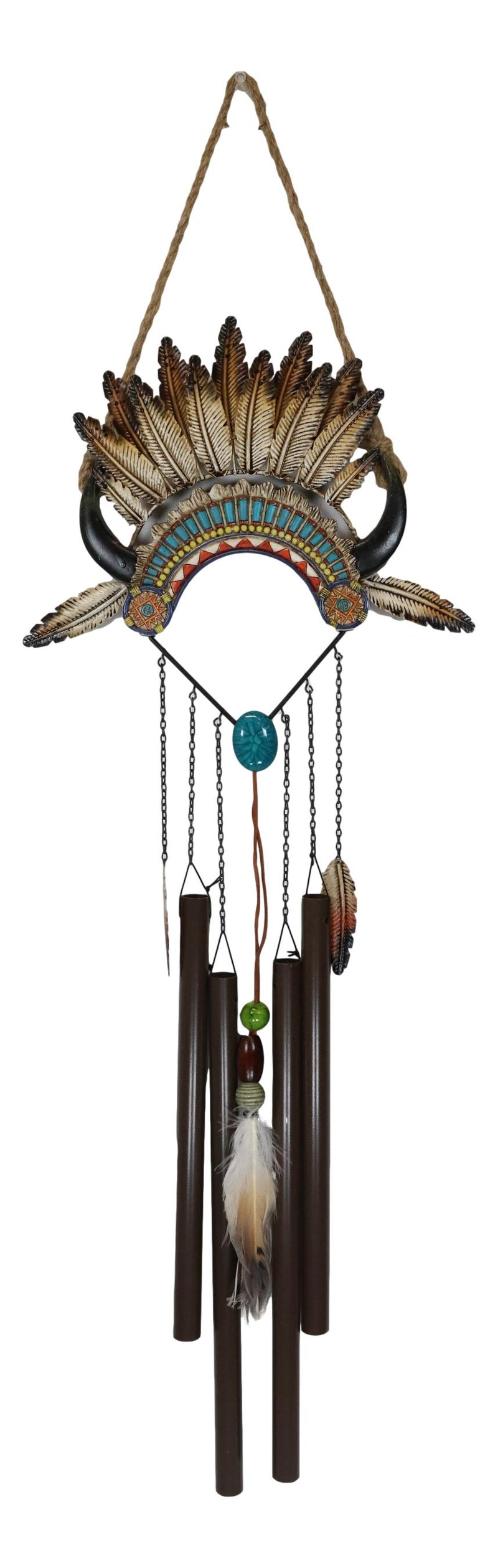 Southwest Boho Chic Indian Chief Headdress Feathers Turquoise Rocks Wind Chime