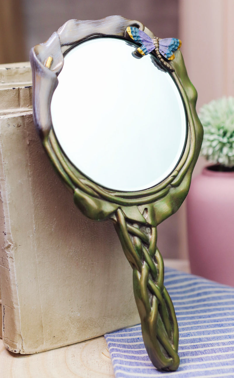 Ebros Calla Lily Dragonfly Bronzed Patina Resin Hand Mirror Vanity Accesory