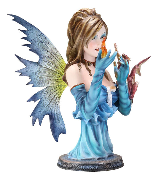 Large 14"H Fantasy Ice Elemental Fairy Controlling Ember With Red Dragon Statue