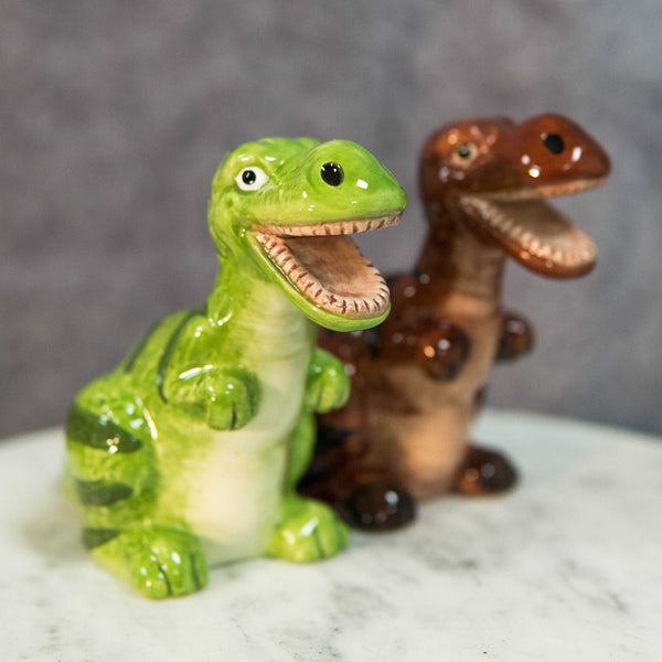Ceramic Green And Brown T Rex Jurassic Dinosaurs Salt And Pepper