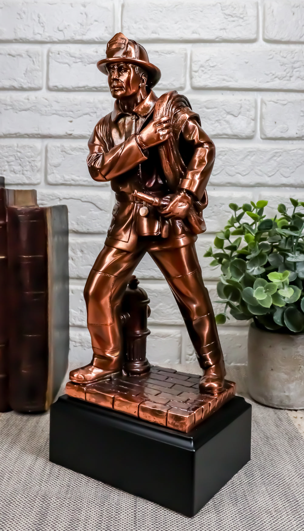 In Line Of Duty Fireman Carrying Hose By Hydrant Statue 12"H Fire Fighter Decor - Ebros Gift