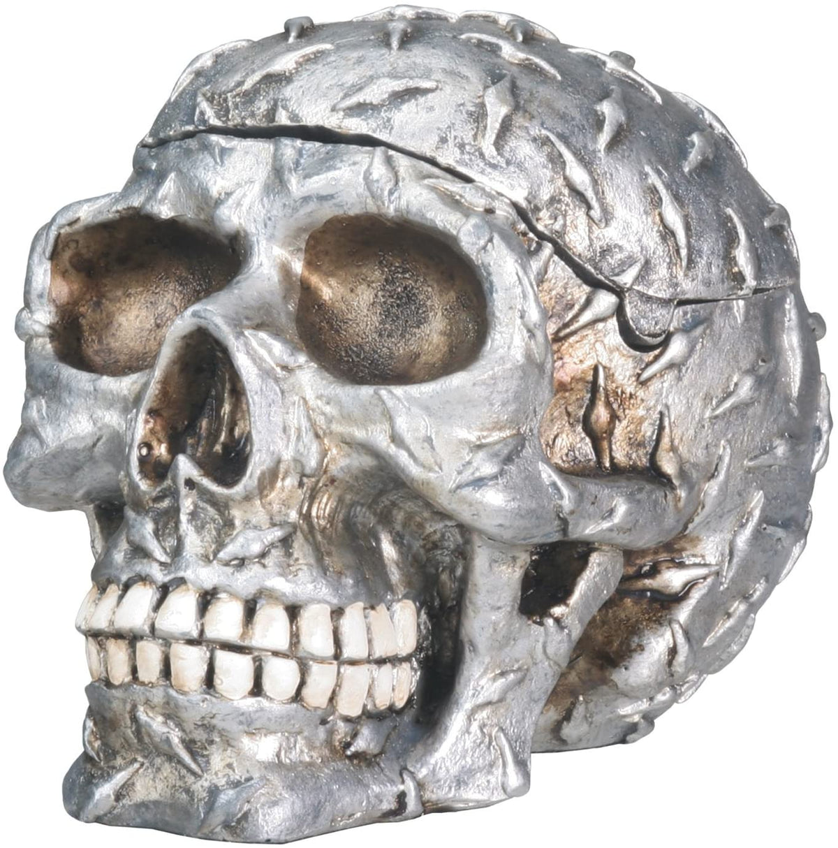Cyborg Metallic Diamond Plate Skull Container Jewelry Box Figurine Collectible