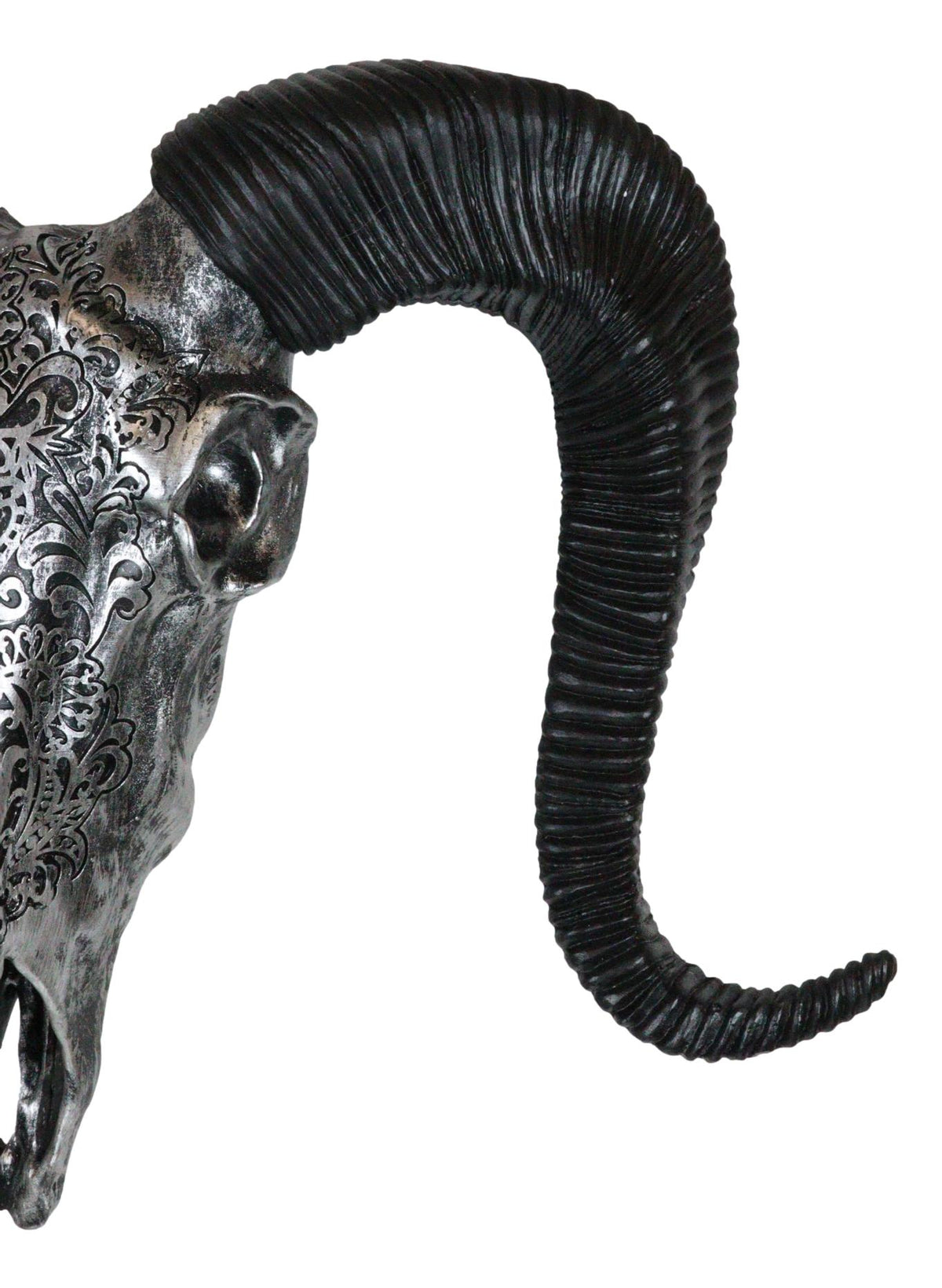 Silver Tribal Floral Scroll Tooled Filigree Corsican Ram Skull Wall Decor 11"W