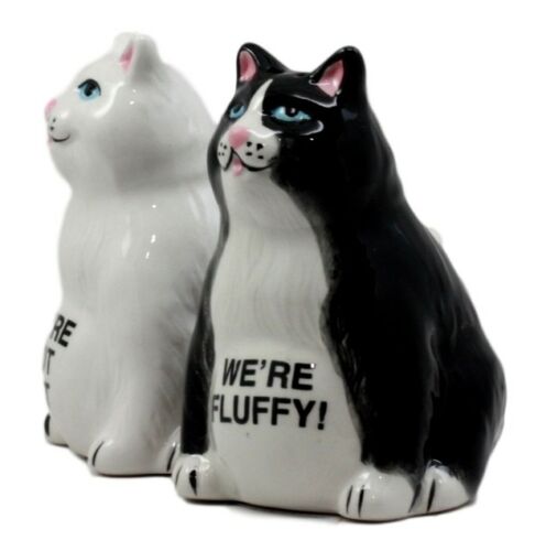 Ebros Black And White Cute Fluffy Cats Salt & Pepper Shakers Magnetic Set 3.25"H - Ebros Gift