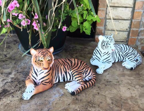 Pair Of Large Siberian And Bengal Tiger Resting 15.5"L Statue Home Garden Decor