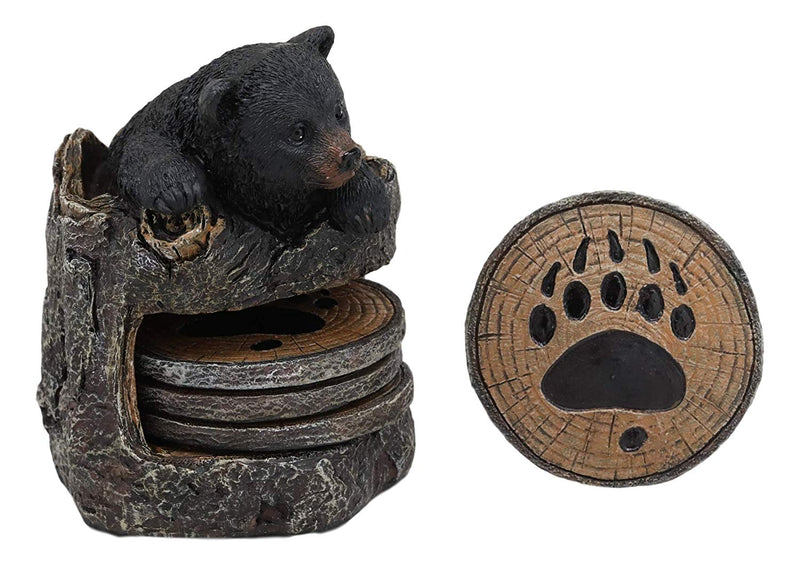 Ebros Rustic Black Bear Cub Tree Trunk Stump Coaster Holder With 4 Coasters Set