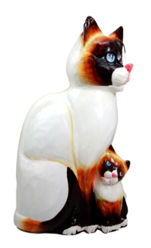 Balinese Wood Handicrafts Adorable Blue Eyed Feline Cat & Kitten Family Figurine