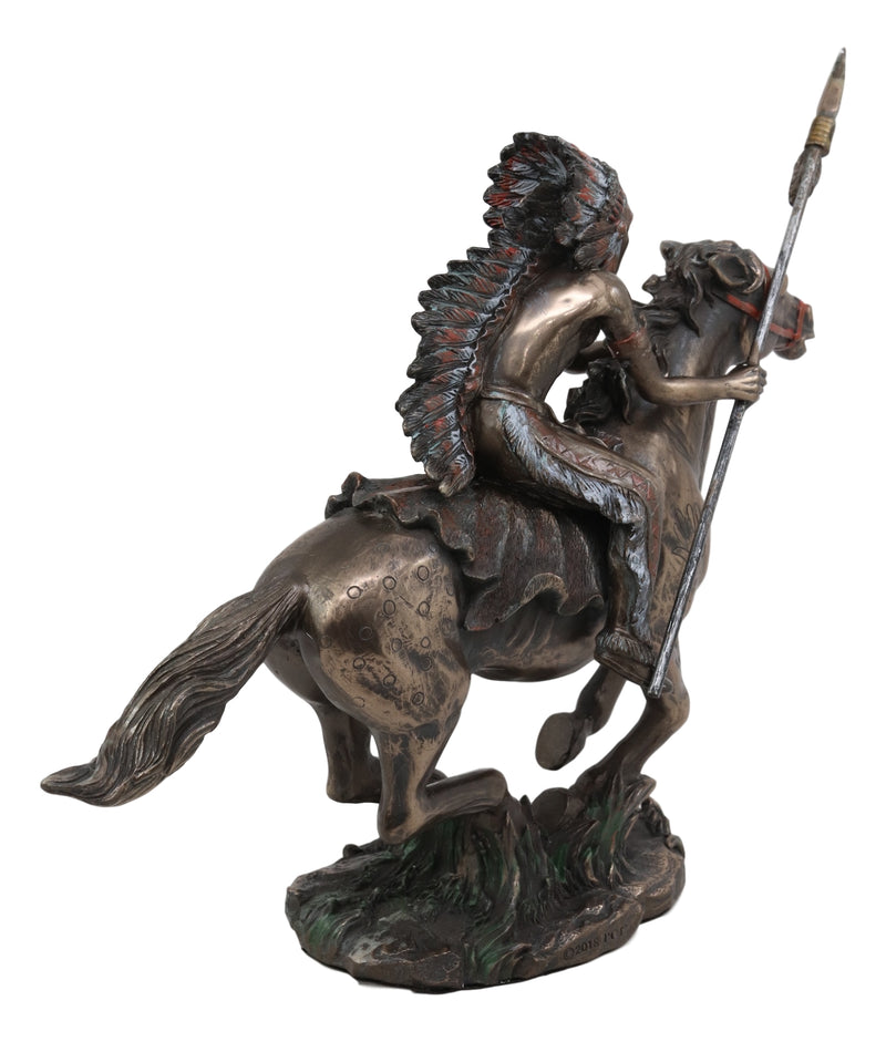 Ebros Native Indian Chief Spear Warrior With Eagle War Bonnet Roach On Horse Statue
