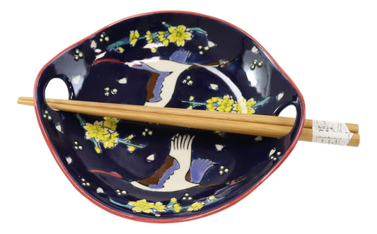White Crane In Blue Sky Small Appetizer Coupe Plate Flat Bowl W/ Chopsticks Set - Ebros Gift