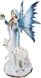 Ebros White Frozen Lantern Fairy by 2 Arctic Snow Direwolves Statue 17.75" Tall