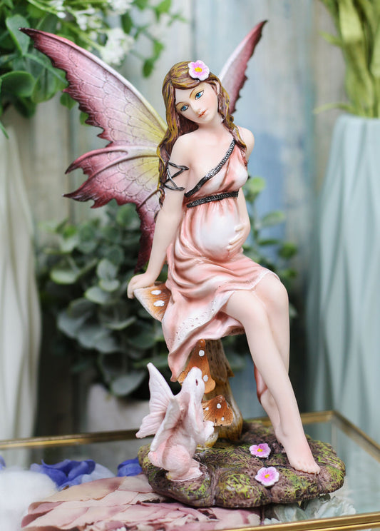 Ebros Fairyland 8 Inch Expecting a Baby Fairy Sitting on Mushroom Statue Figurine - Ebros Gift