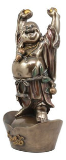 Chinese Zen Monk Happy Buddha Standing On Golden Nugget Statue Happiness Fortune