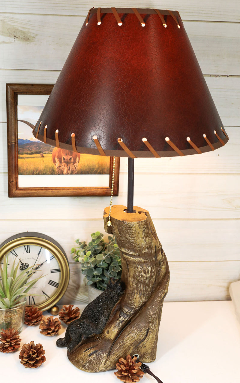 Rustic Forest Black Bear Sleeping On Tree Log Desktop Table Lamp With Shade