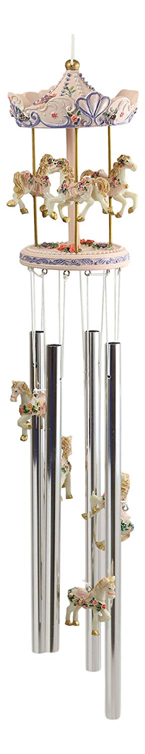 Pink Carnival Canopy Pony Horses Carousel Figurine Crown Top Resonant Wind Chime