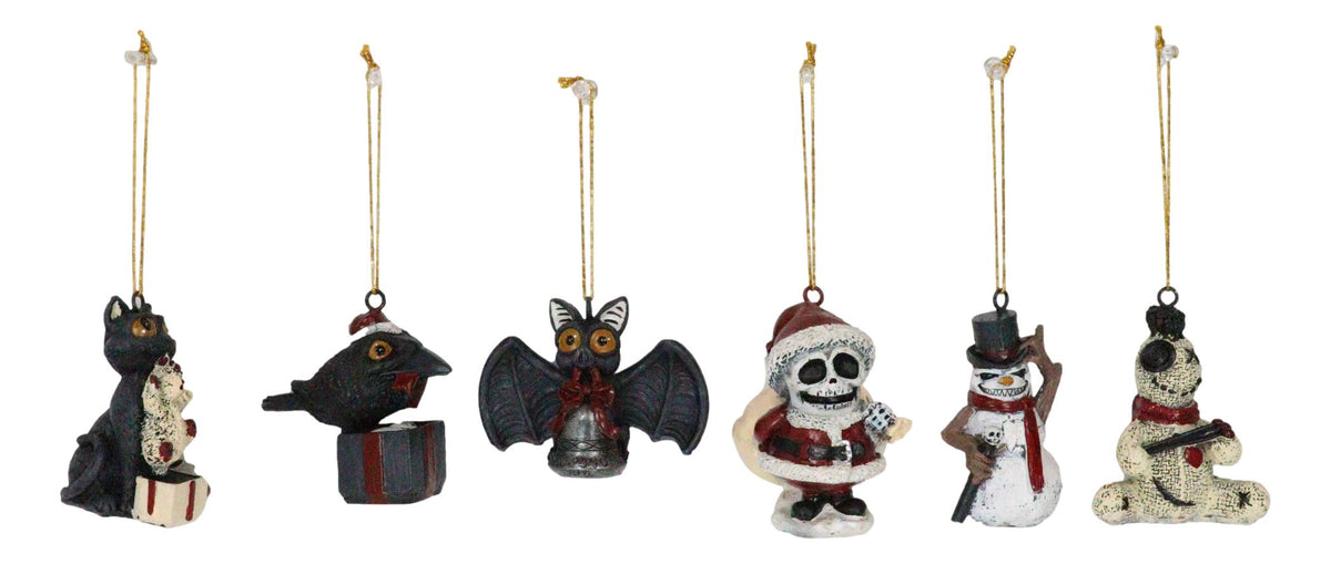 Set Of 6 Scary Merry Christmas Halloween Skeleton Santa Snowman Tree Ornaments