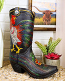 Western Country Floral Rooster Faux Tooled Leather Cowboy Boot Vase Figurine