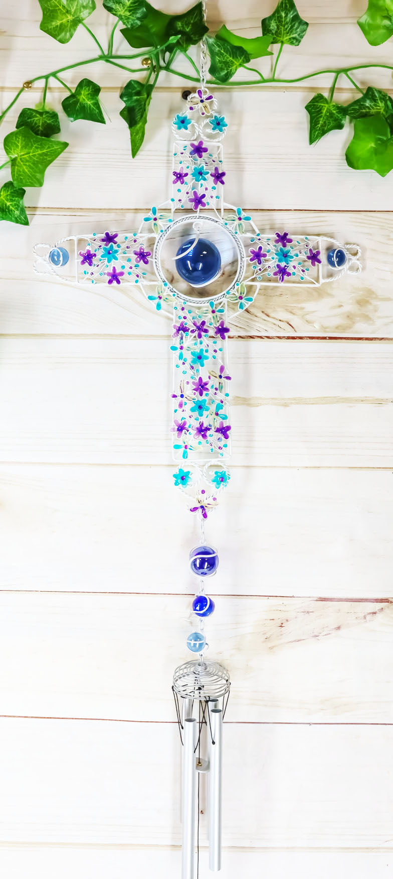 Amazing Grace Floral Cross With Gemstones Resonant Relaxing Wind Chime 40" Long