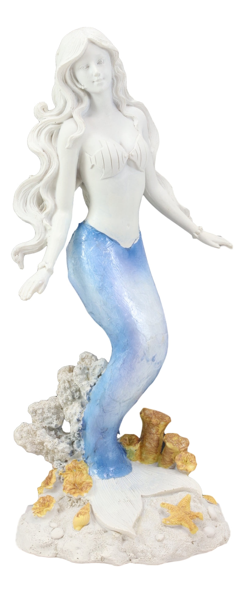 Ebros Capiz Blue & White Ombre Tail Mermaid Standing By Sea Coral Reef Statue