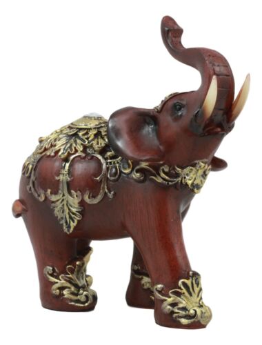 Faux Wood Decorated Thai Buddhism Noble Elephant With Trunk Up Statue 6.25"L - Ebros Gift