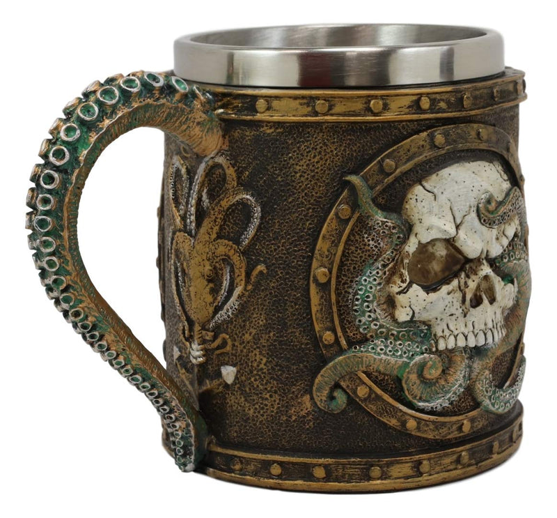 Ebros Nautical Cthulhu Cosmic Giant Octopus Wrecking Human Skull In Porthole Frame With Anchor Drinking Mug 13 oz Resin Drink Coffee Cup With Stainless Steel Liner And Tentacles Handle