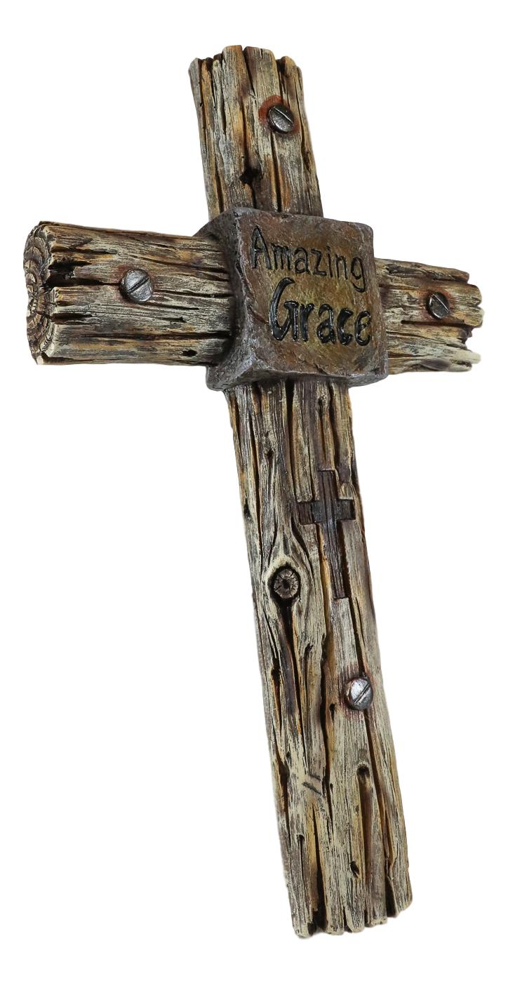 Ebros Rustic Western Amazing Grace With Nail Heads Faux Wood Wall Cross Decor Plaque