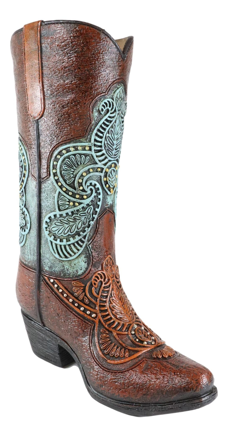 Western Boho Chic Turquoise Floral Lace Tooled Leather Cowboy Boot Flower Vase