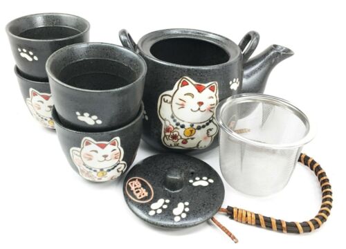 Ebros Japanese Maneki Neko Cat Black Tea Set Pot and Cups Serves 4 Ceramic Decor