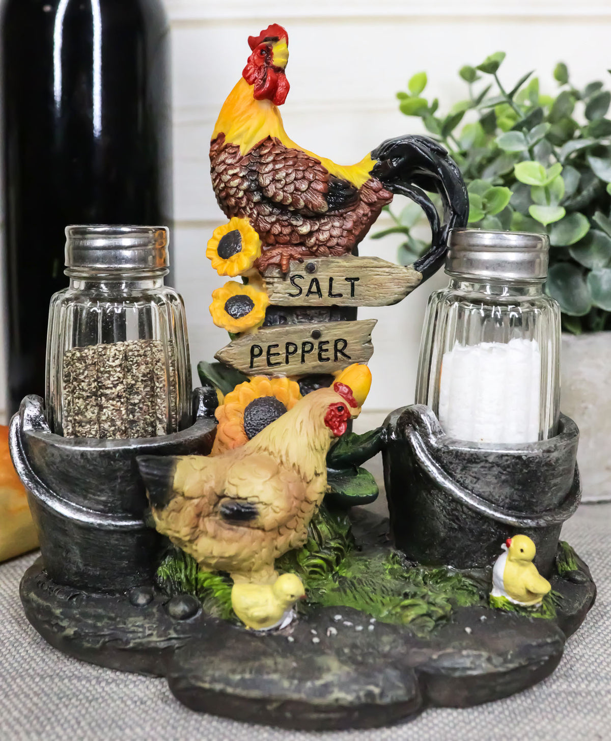 Country Rooster Hen and Chicks Family Salt and Pepper Shakers Holder Set 7"H - Ebros Gift