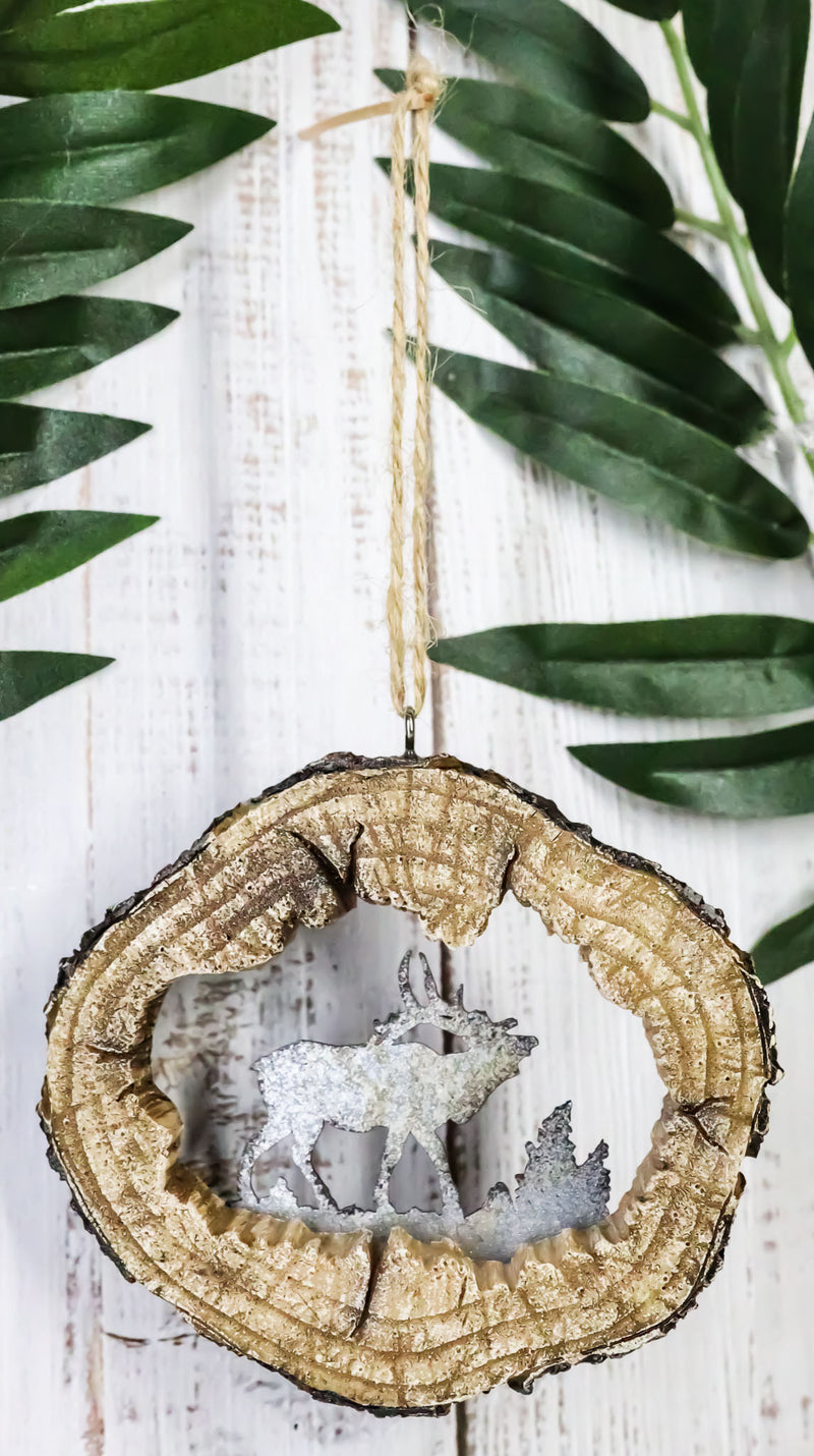 Rustic Western Elk Deer Faux Wood Log Slice Set of 4 Christmas Tree Ornaments