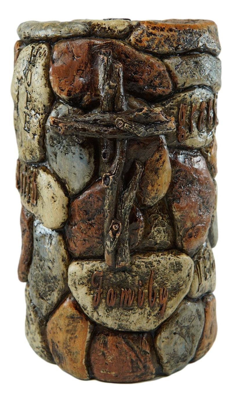 Rustic Solid Rock of Christ Cross Joy Hope Peace Love Toilet Brush & Holder Set