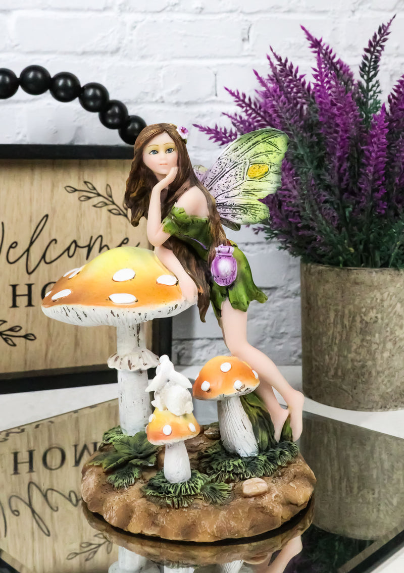 Tribal Fairy With Purple Potion Gourd And White Rabbit By Mushrooms Figurine