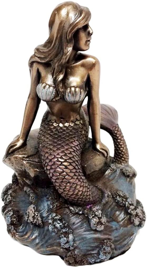 Ebros Bronze Mermaid Sitting On Rock On Sea Surface Wave Pool Figurine 4.25"H