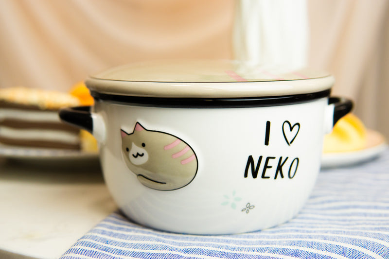 Pack Of 2 Brown Maneki Neko Lucky Cat Porcelain Kids Food Bowls W/ Lid 25Oz